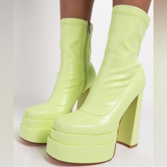 AZALEA WANG — Bold Neon Lime Platform Boots • High Block Heel, Retro 70’s Vibes - Picture 2 of 13